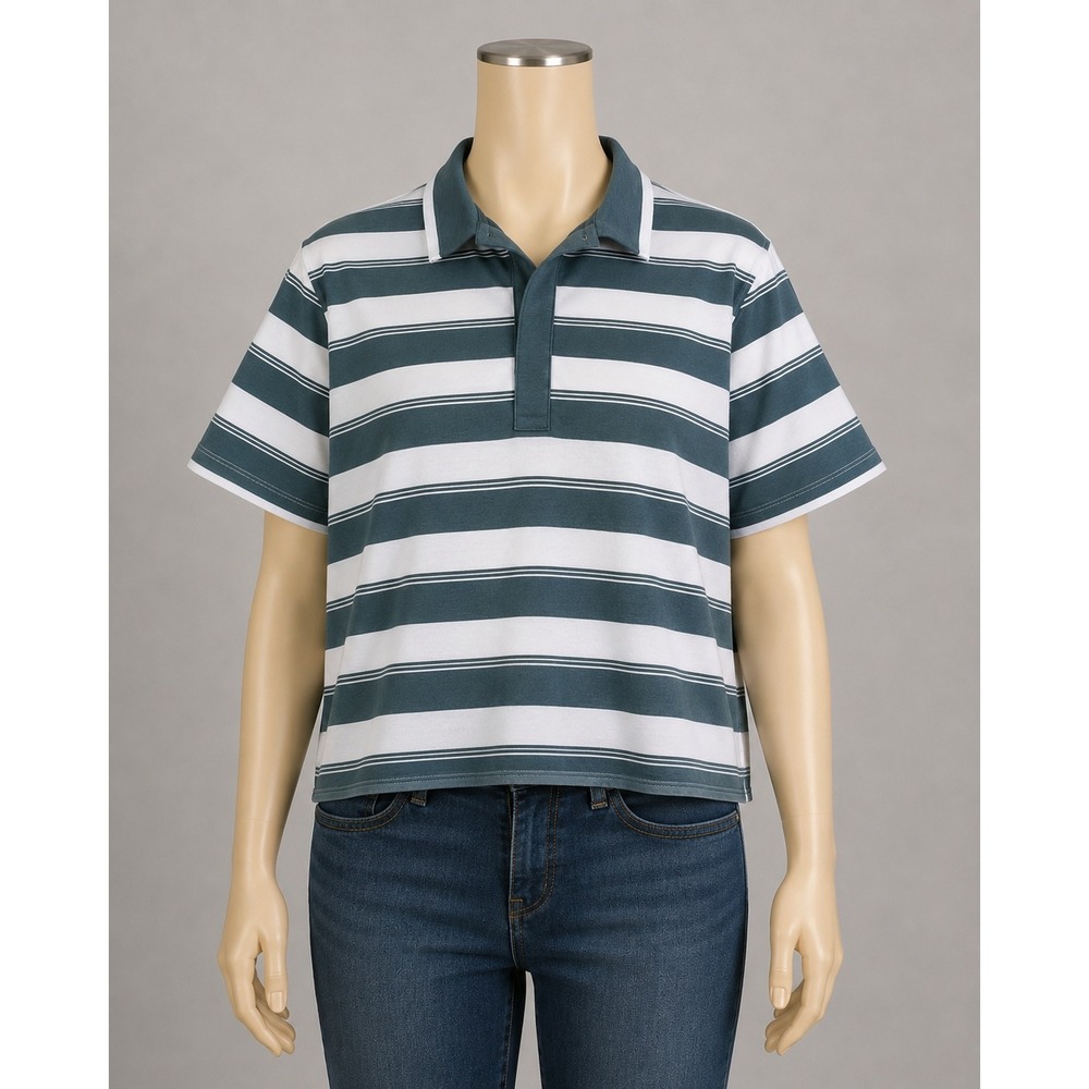 All In Motion Womens Striped Polo Tee Teal White Moisture Wicking Size Large